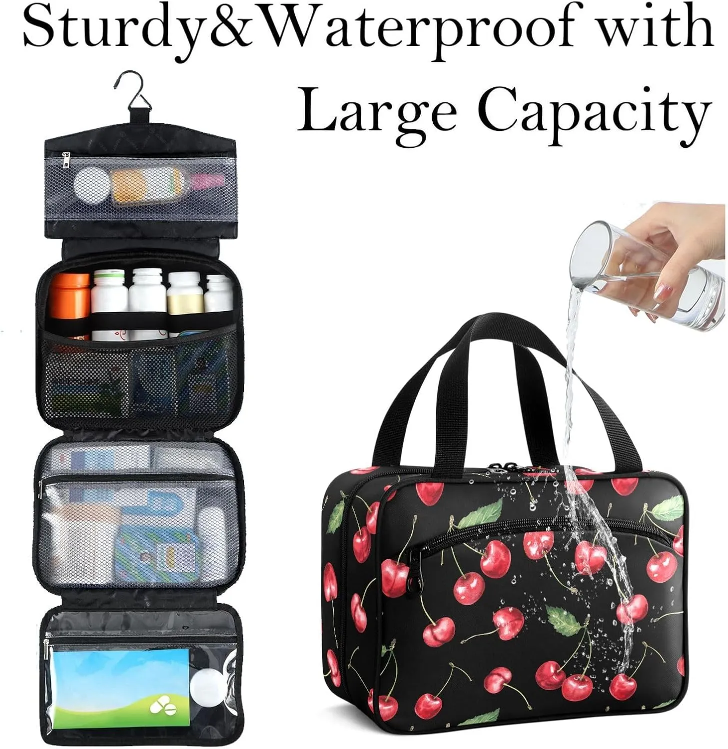 Travel Toiletry Bag for Woman/Men, Black and Red Cherry Fruit Cherries Hanging Organizer Bag with Pockets Portable Folding Travel Case Bags for Makeup Cosmetic Toiletries Storage Traveling-L