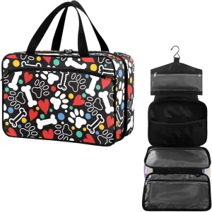 Travel Toiletry Bag for Woman/Men, Colorful Dog Paw with Bone Pet Theme Hanging Organizer Bag with Pockets Portable Folding Travel Case Bags for Makeup Cosmetic Toiletries Storage Traveling-L