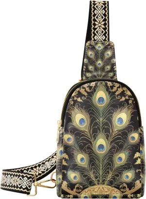 trendy Peacock Feather Gold Green Retro chest bag for lightweight large fanny pack crossbody for travel