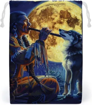 Tribal Wolf Song Native American Drawstring Bag Portable Storage Bags Small Pouch for Sports Travel 12 * 18cm