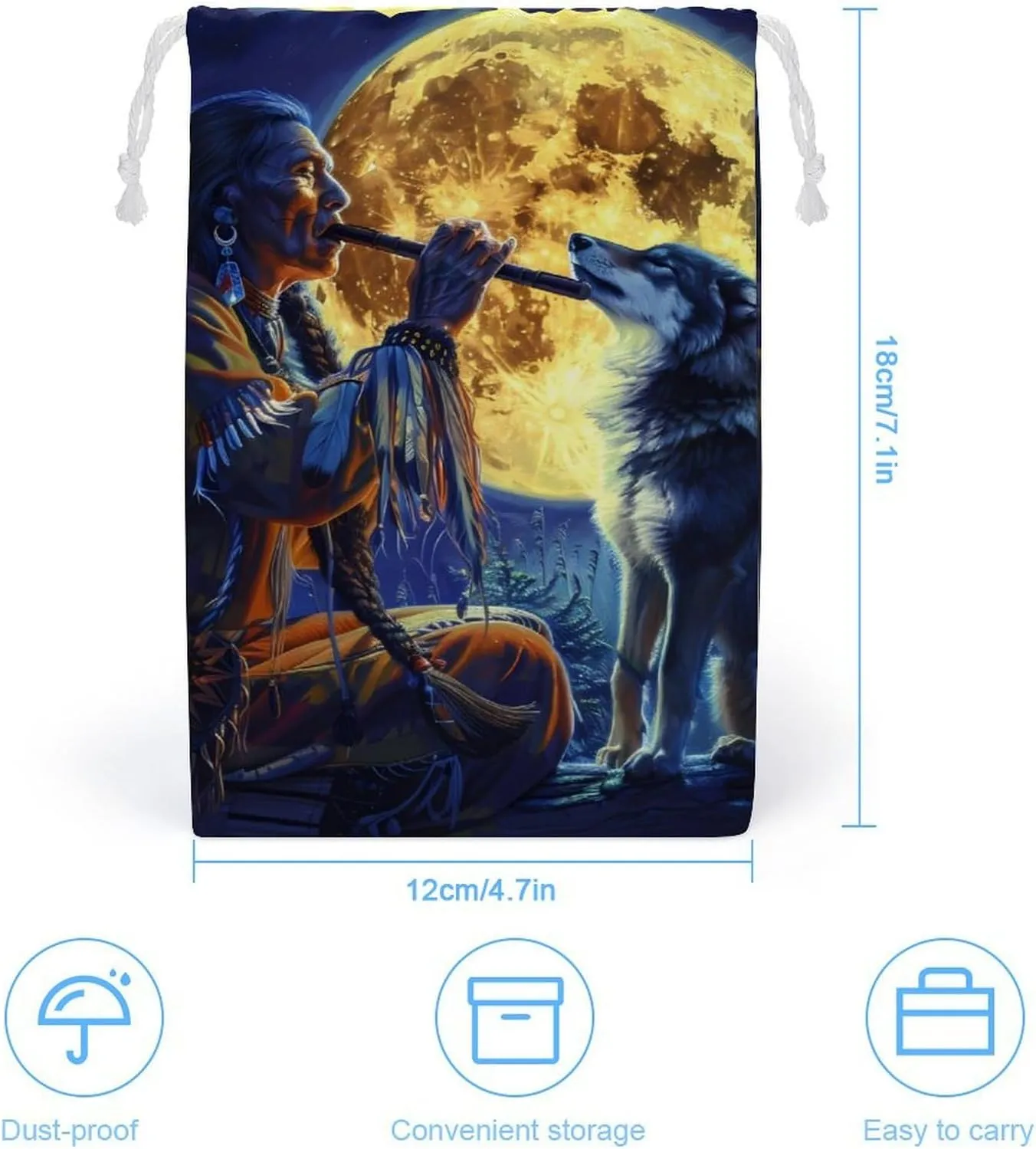 Tribal Wolf Song Native American Drawstring Bag Portable Storage Bags Small Pouch for Sports Travel 12 * 18cm