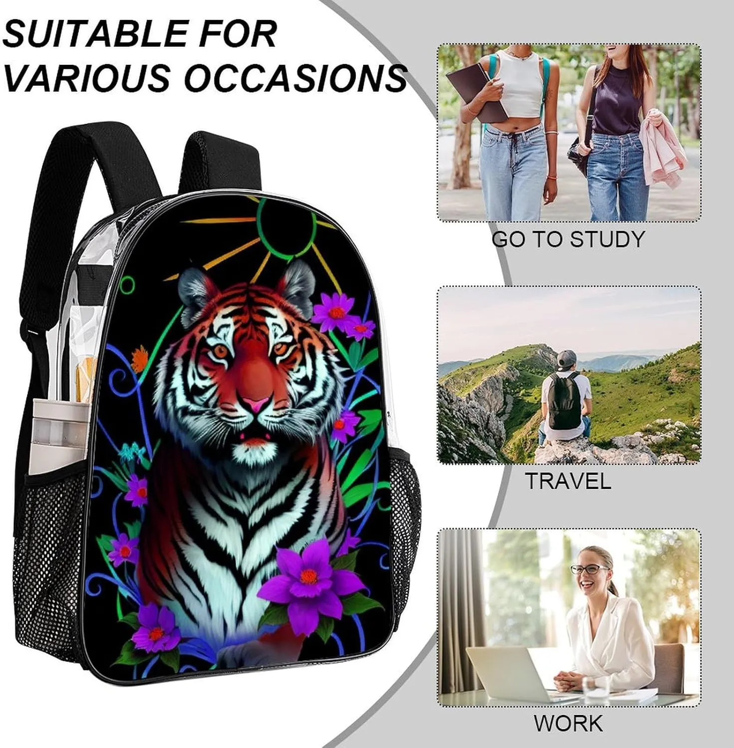 Trippy Tiger Animal Flower Art Rucksacks Lightweight Multipurpose Anti-Theft Shoulder Bag Big Capacity Laptop Book Bag Rucksack Transparent Bag