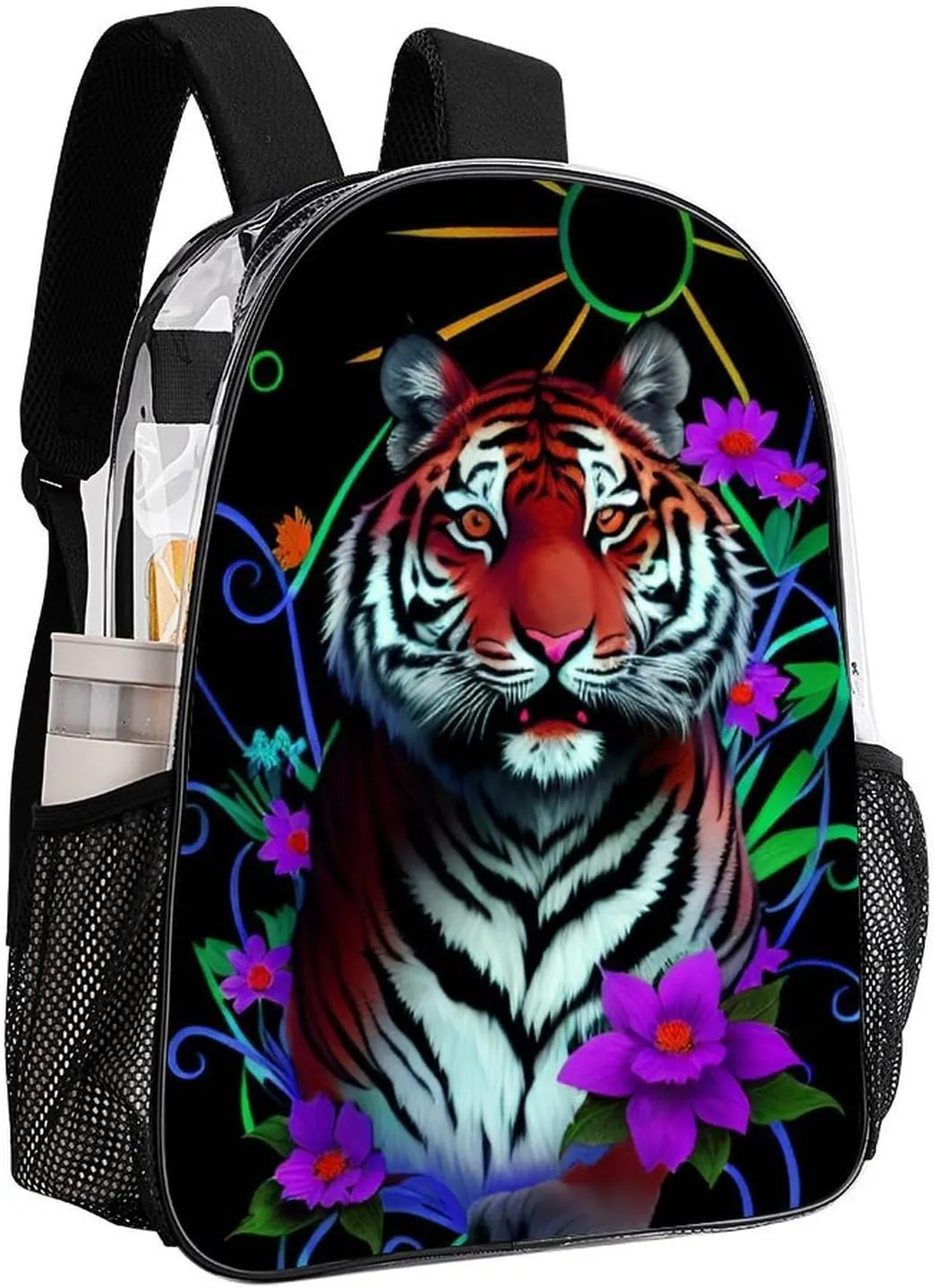 Trippy Tiger Animal Flower Art Rucksacks Lightweight Multipurpose Anti-Theft Shoulder Bag Big Capacity Laptop Book Bag Rucksack Transparent Bag