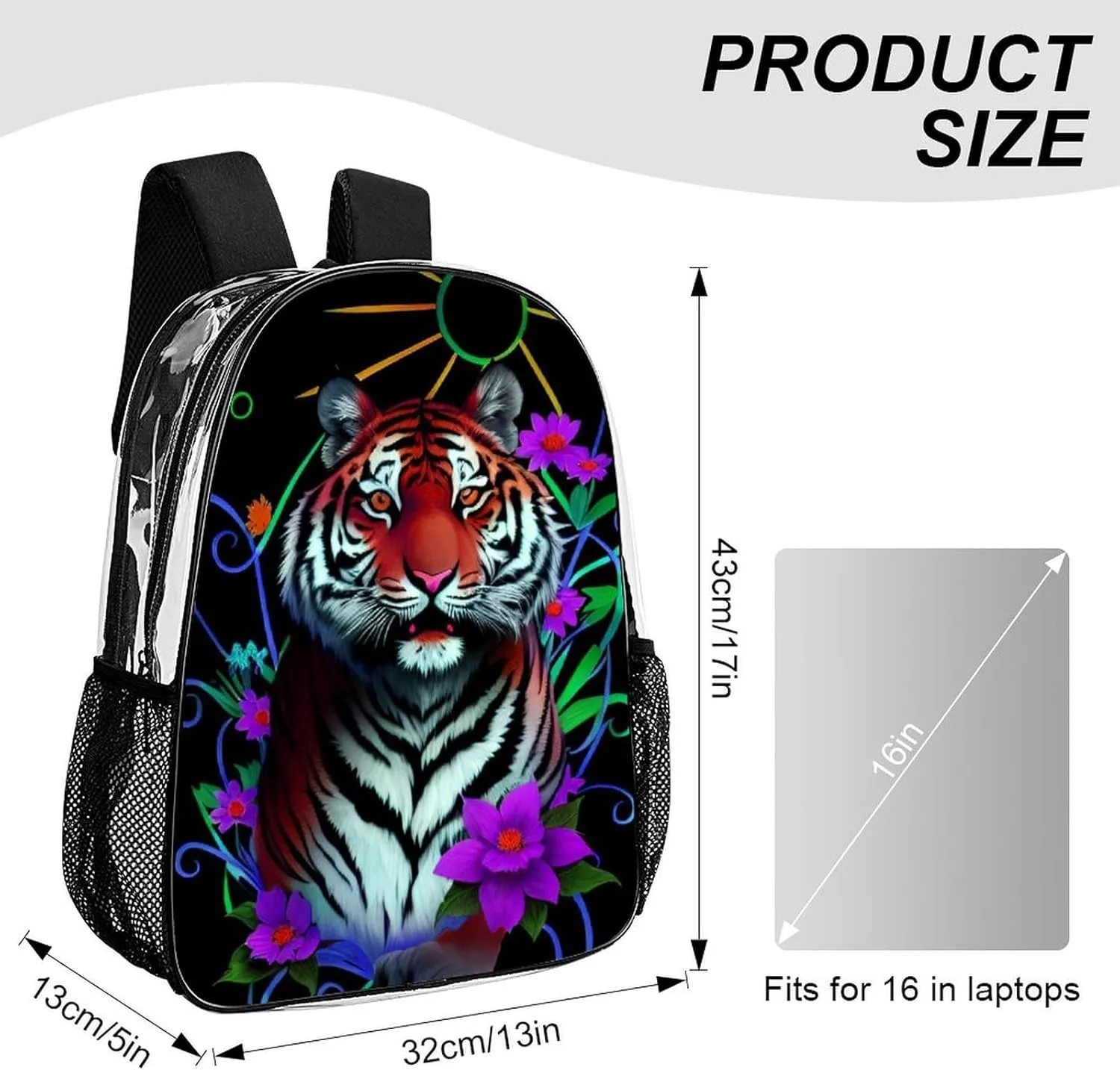 Trippy Tiger Animal Flower Art Rucksacks Lightweight Multipurpose Anti-Theft Shoulder Bag Big Capacity Laptop Book Bag Rucksack Transparent Bag