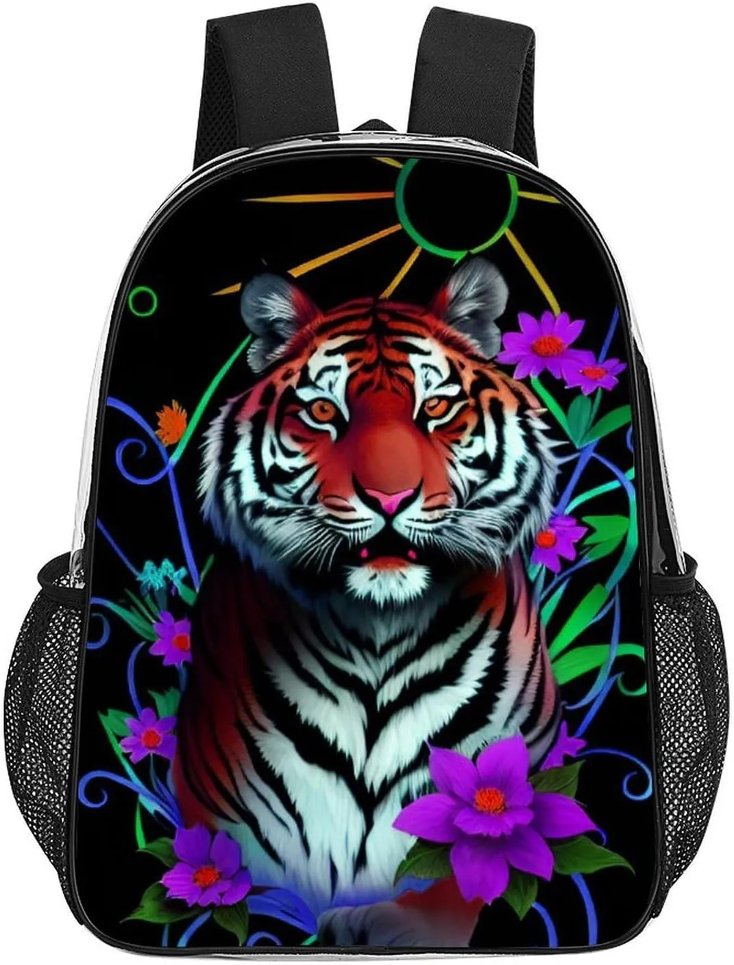 Trippy Tiger Animal Flower Art Rucksacks Lightweight Multipurpose Anti-Theft Shoulder Bag Big Capacity Laptop Book Bag Rucksack Transparent Bag
