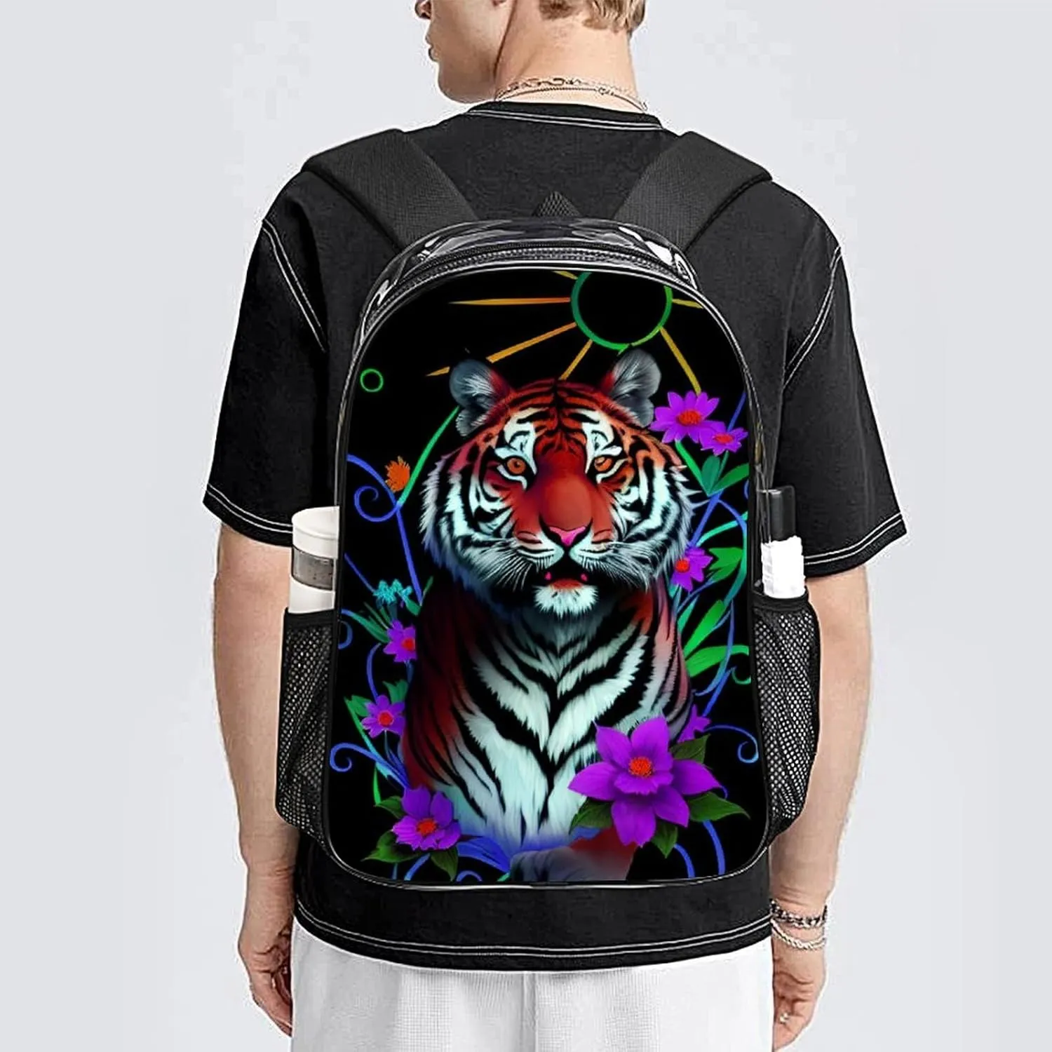 Trippy Tiger Animal Flower Art Rucksacks Lightweight Multipurpose Anti-Theft Shoulder Bag Big Capacity Laptop Book Bag Rucksack Transparent Bag