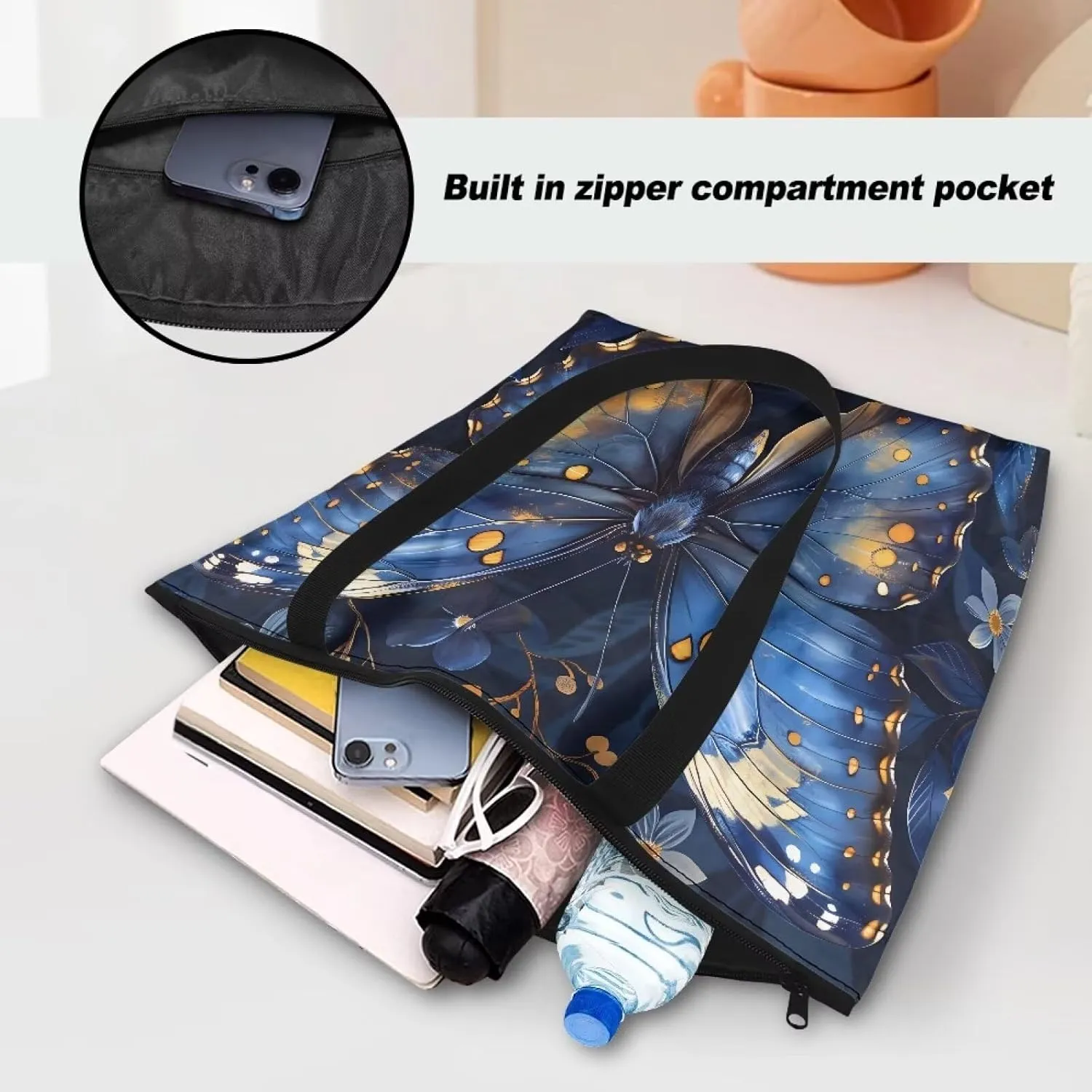 Tropical Flower 14 Inches Tote Paper Bag for Women, Boho Cat Shoulder Tote Bag Vivid Bird Commute Bag Paper Bags