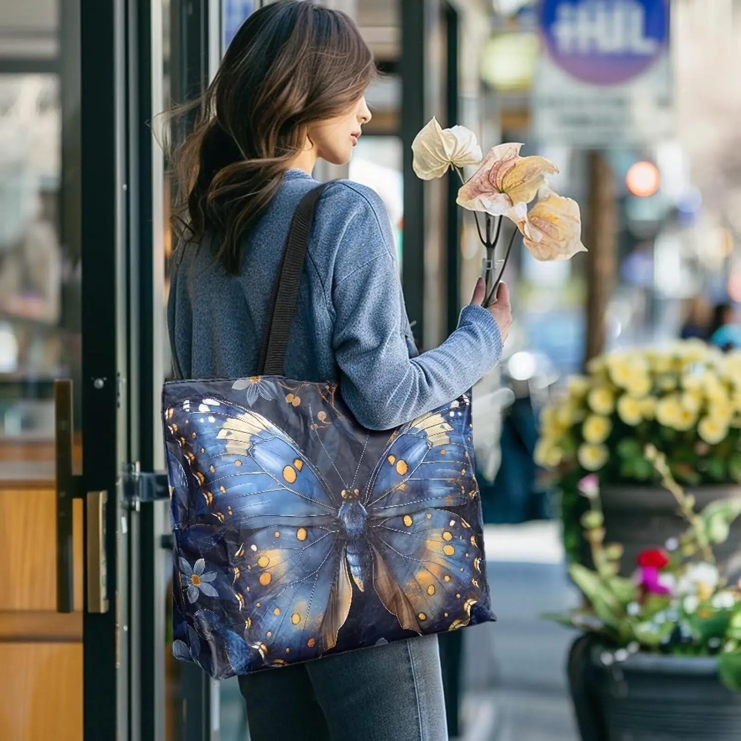 Tropical Flower 14 Inches Tote Paper Bag for Women, Boho Cat Shoulder Tote Bag Vivid Bird Commute Bag Paper Bags