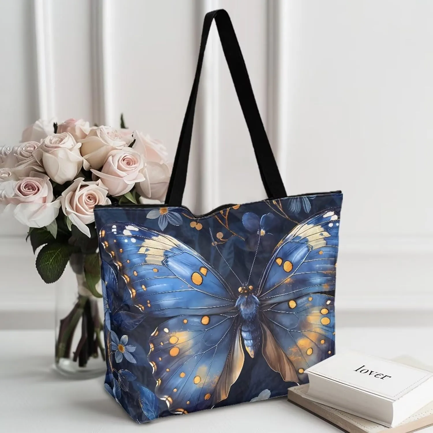 Tropical Flower 14 Inches Tote Paper Bag for Women, Boho Cat Shoulder Tote Bag Vivid Bird Commute Bag Paper Bags