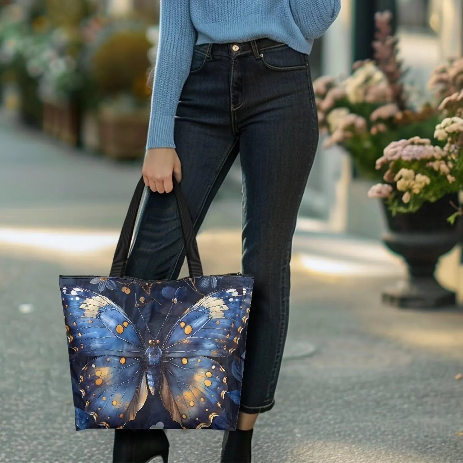 Tropical Flower 14 Inches Tote Paper Bag for Women, Boho Cat Shoulder Tote Bag Vivid Bird Commute Bag Paper Bags
