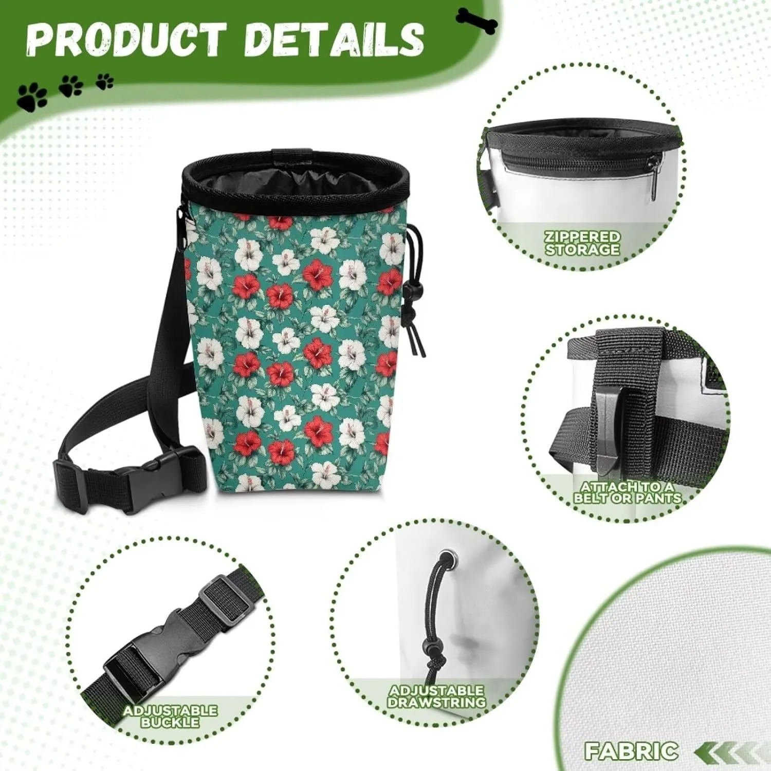 Tropical Flower Print Pet Training Pouch Easily Carries Dog Training Treat Bag with Waist Belt Shoulder Strap Pet Treat Bag Carry Toys, Treats for Pet Training Walking