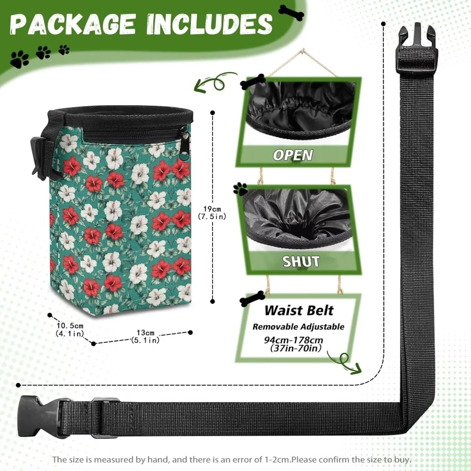 Tropical Flower Print Pet Training Pouch Easily Carries Dog Training Treat Bag with Waist Belt Shoulder Strap Pet Treat Bag Carry Toys, Treats for Pet Training Walking