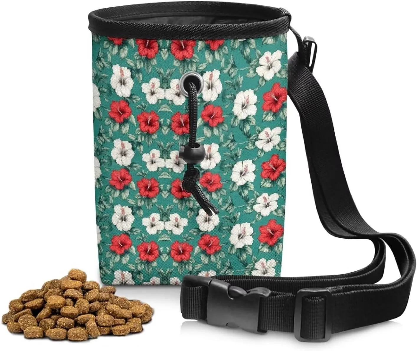 Tropical Flower Print Pet Training Pouch Easily Carries Dog Training Treat Bag with Waist Belt Shoulder Strap Pet Treat Bag Carry Toys, Treats for Pet Training Walking