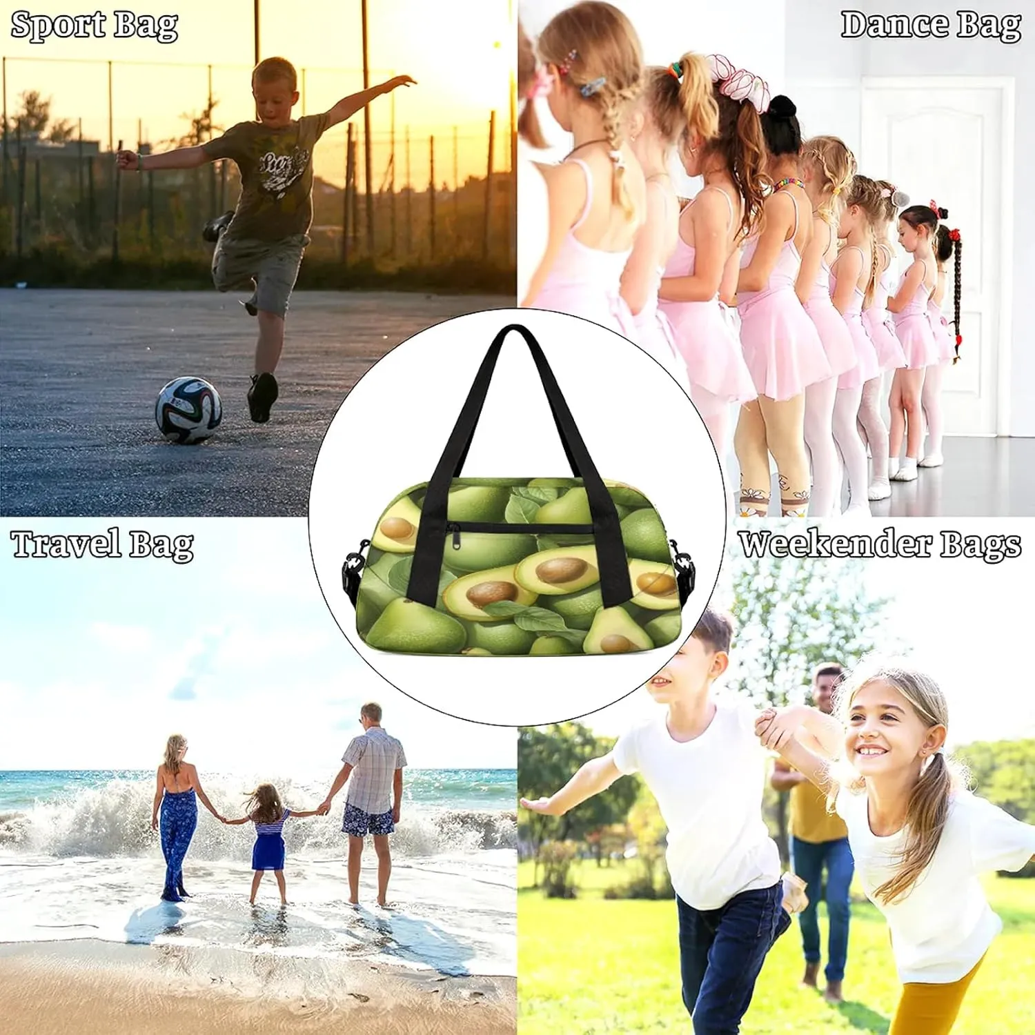Tropical Fruit Avocado Pattern Kids Duffel Bag Lightweight Waterproof Sports Gym Bag with Front Zipper Pocket Foldable Weekender Overnight Bag for School Practice Gymnastic Ballet