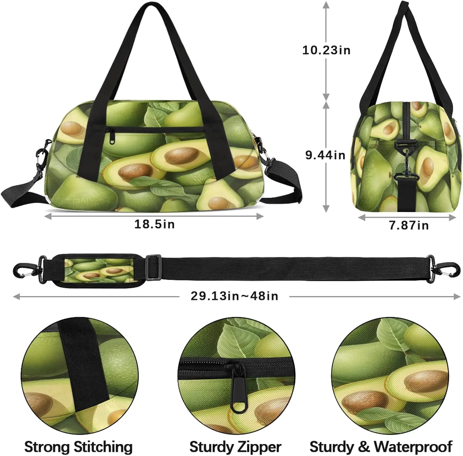 Tropical Fruit Avocado Pattern Kids Duffel Bag Lightweight Waterproof Sports Gym Bag with Front Zipper Pocket Foldable Weekender Overnight Bag for School Practice Gymnastic Ballet