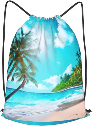 Tropical Ocean Beach Theme Drawstring Backpack String Cinch Bag Polyester Sackpack For Fitness Training Workout
