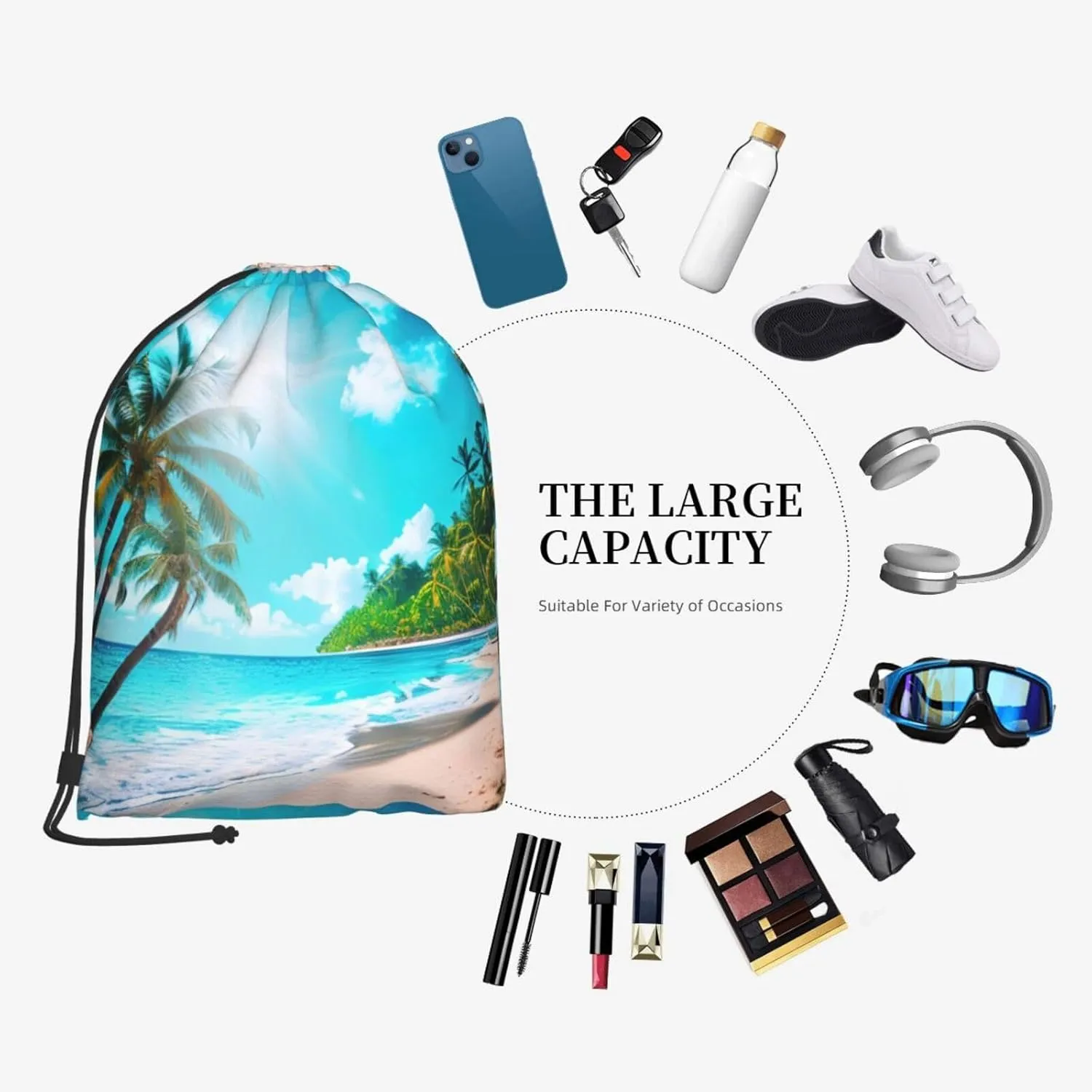 Tropical Ocean Beach Theme Drawstring Backpack String Cinch Bag Polyester Sackpack For Fitness Training Workout