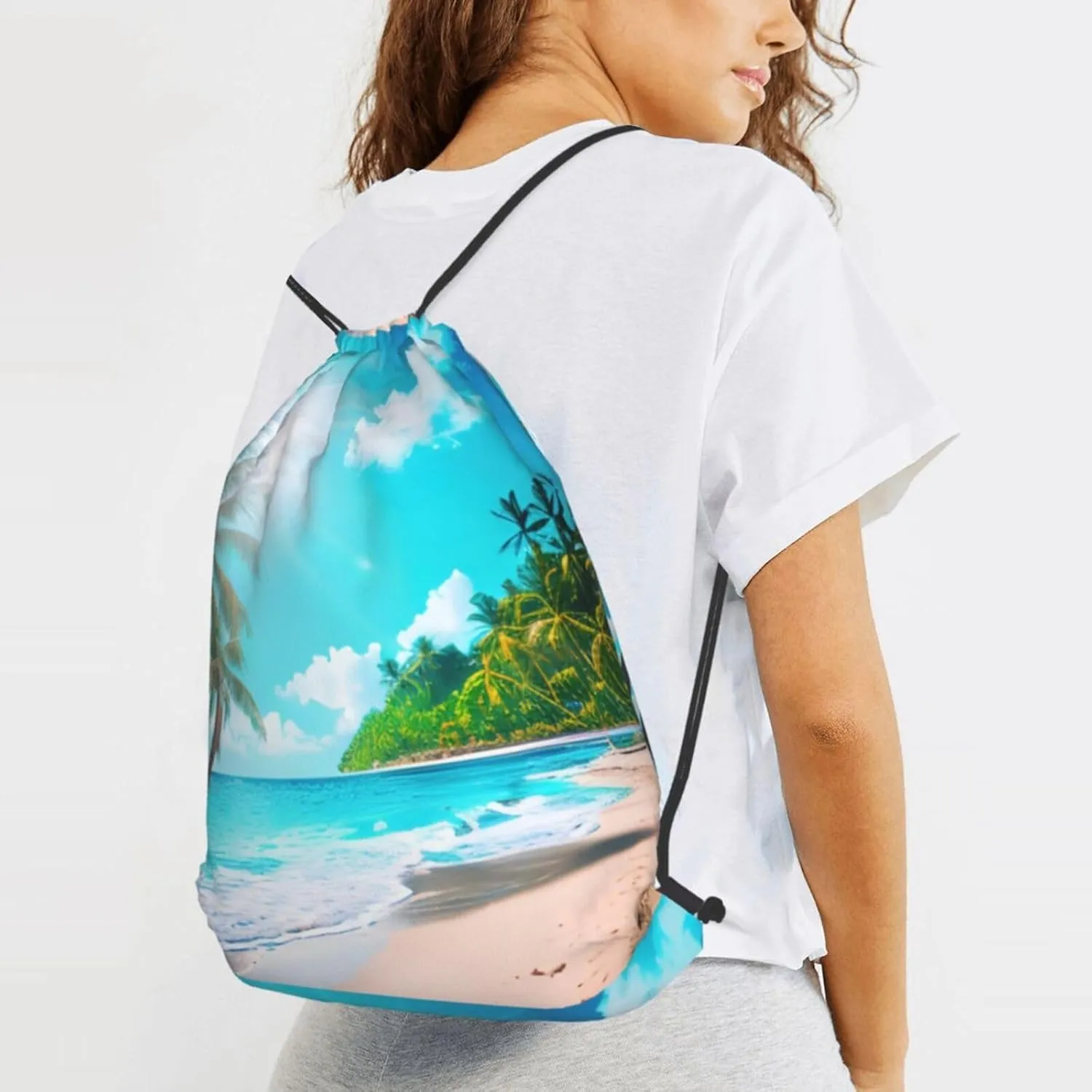Tropical Ocean Beach Theme Drawstring Backpack String Cinch Bag Polyester Sackpack For Fitness Training Workout