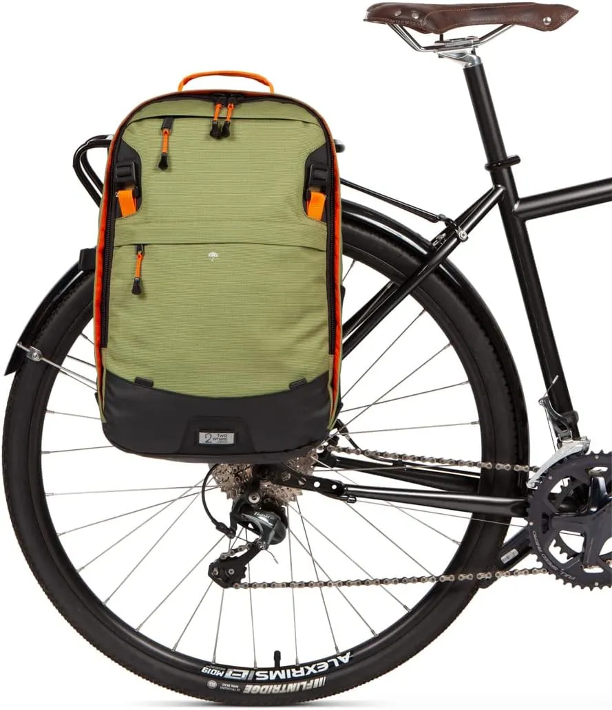 Two Wheel Gear - Pannier Backpack Convertible LITE (22 Litre) - Weatherproof 2-in-1 Bike Commuting and Laptop Travel Bag, Recycled Material, Olive/Tangerine