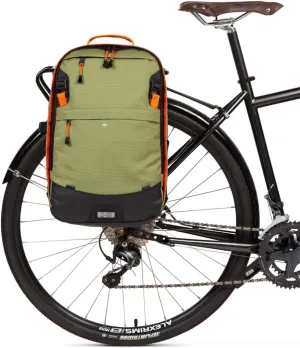 Two Wheel Gear - Pannier Backpack Convertible LITE (22 Litre) - Weatherproof 2-in-1 Bike Commuting and Laptop Travel Bag, Recycled Material, Olive/Tangerine