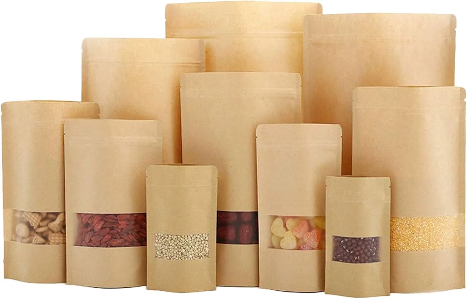 TYONMUJO 100pcs Kraft Bags with Window Zipper Lock Stand Up Bulk Pouches Resealable 3.5×5.5in