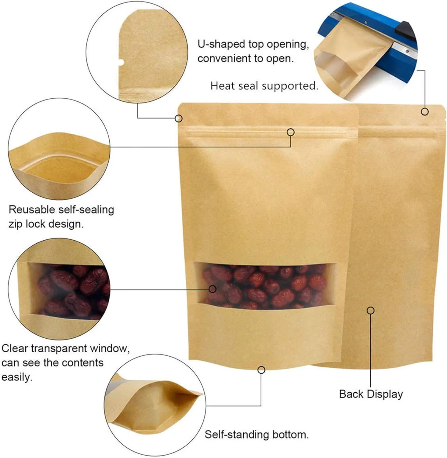 TYONMUJO 100pcs Kraft Bags with Window Zipper Lock Stand Up Bulk Pouches Resealable 3.5×5.5in