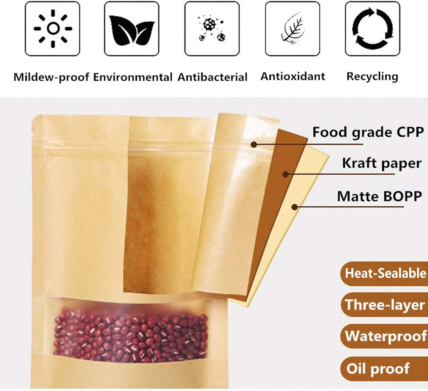 TYONMUJO 100pcs Kraft Bags with Window Zipper Lock Stand Up Bulk Pouches Resealable 3.5×5.5in
