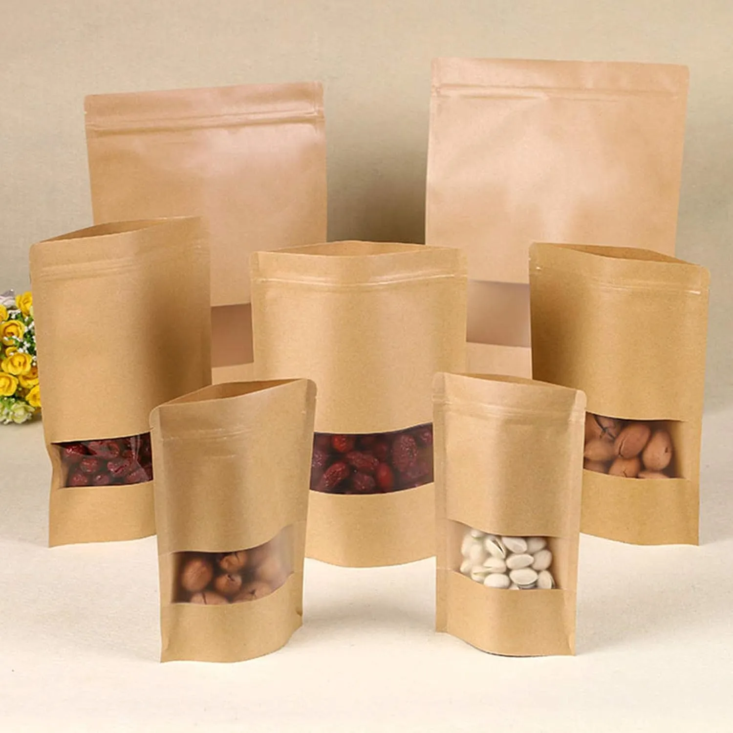 TYONMUJO 100pcs Kraft Bags with Window Zipper Lock Stand Up Bulk Pouches Resealable 3.5×5.5in
