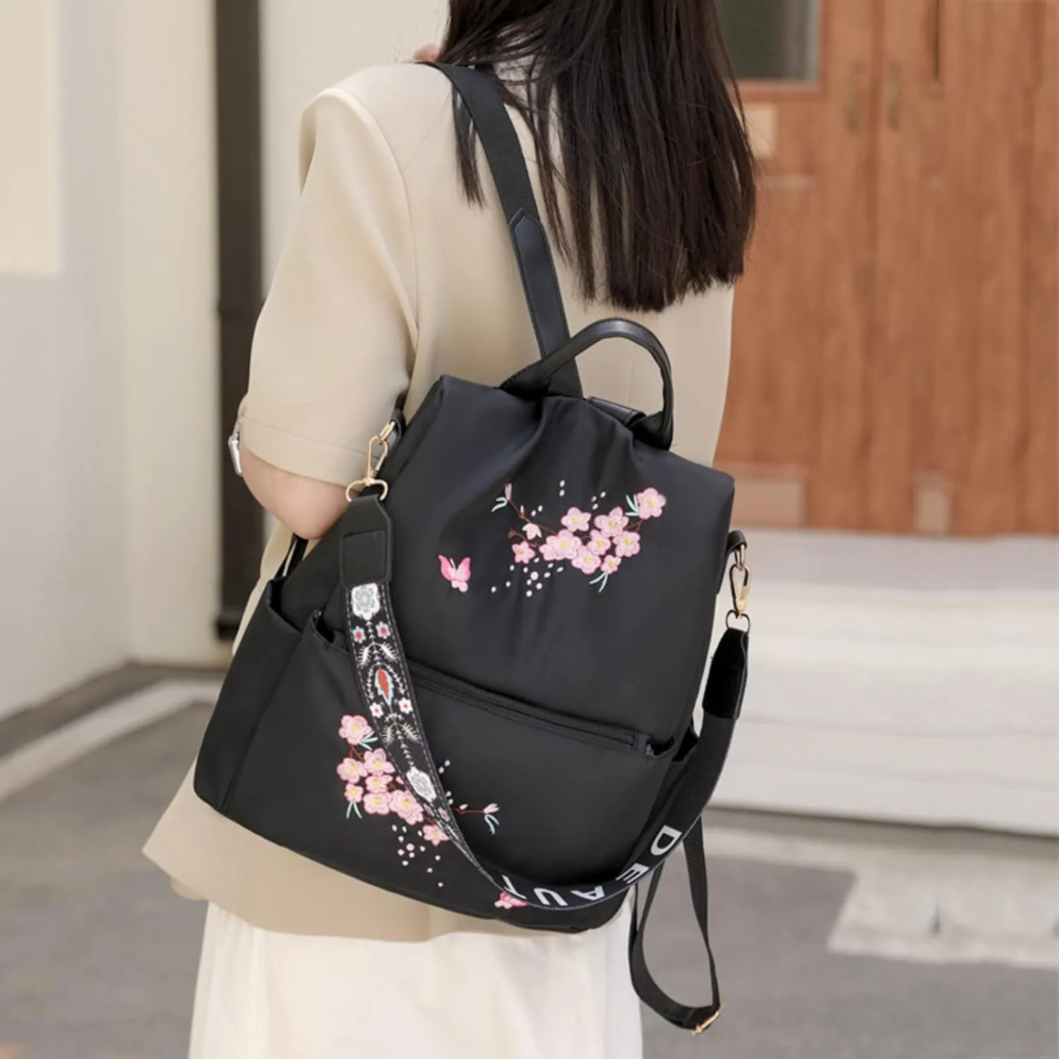 UK Popular Nylon s Beige Pen Bag In Backpack Women School Bags Messenger Computer Bag for (Black, One Size)