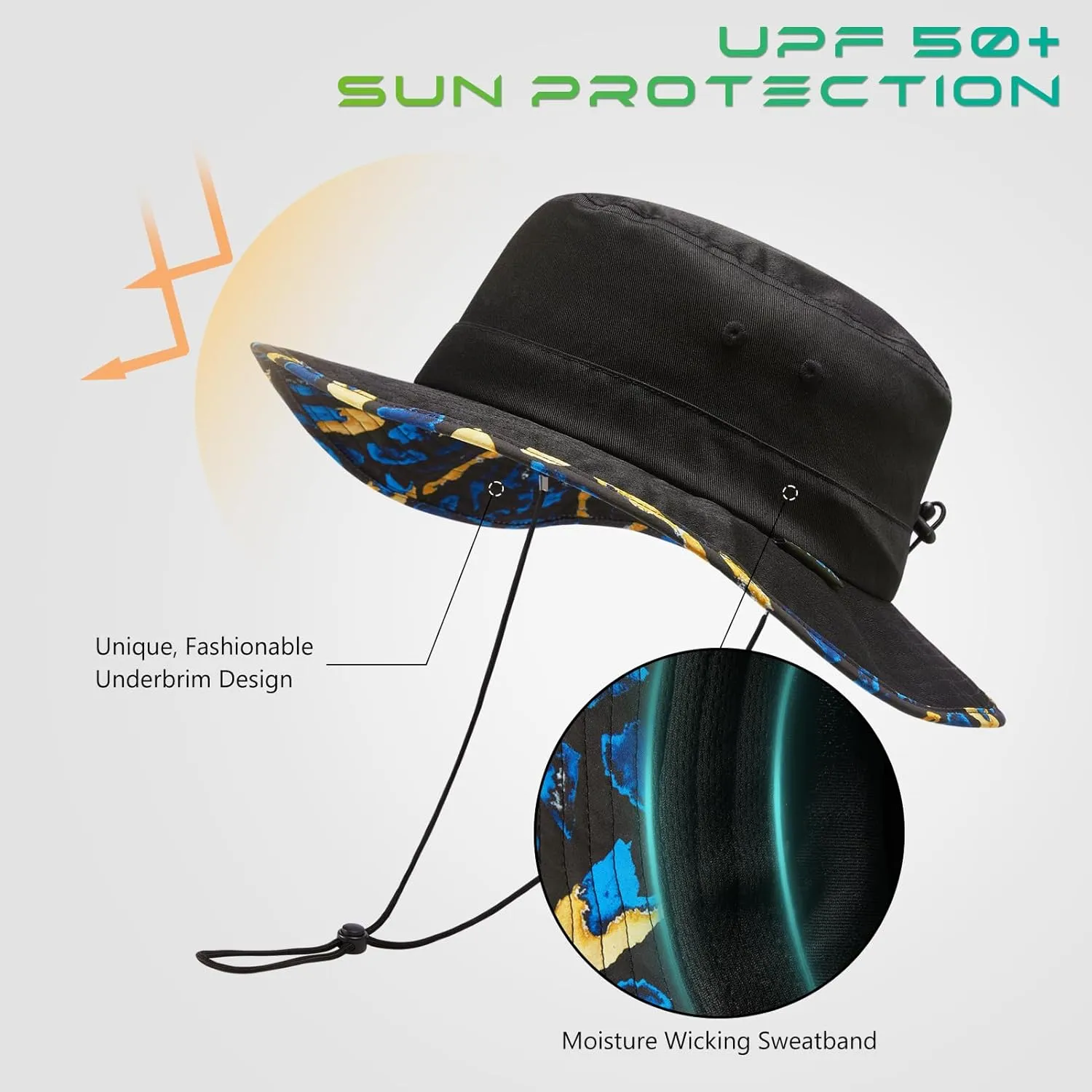 UPF 50  Foldable Sun Hat Patterned Under Brim Bucket Hats for Summer Hiking Fishing Beach Safari Men Women