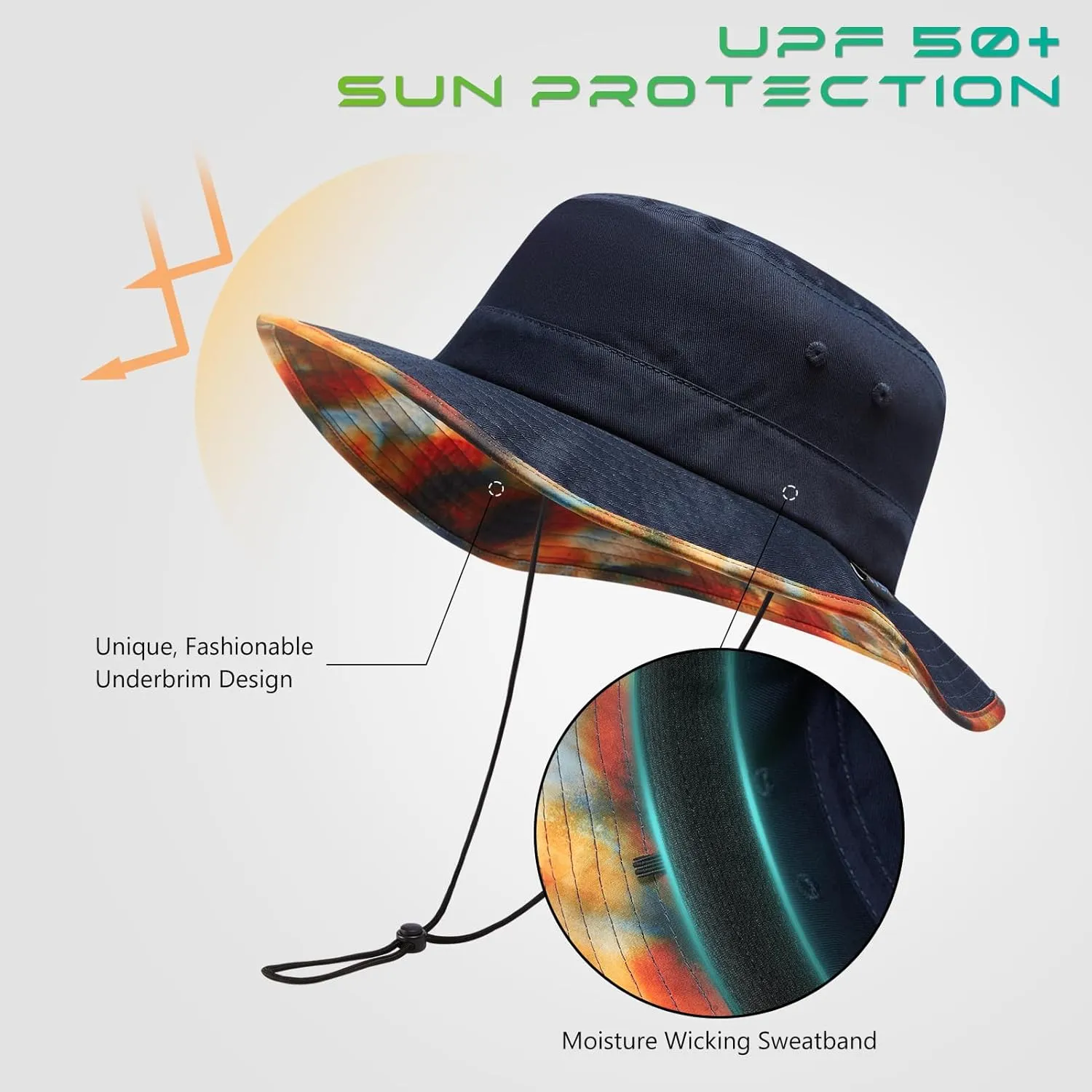 UPF 50  Foldable Sun Hat Patterned Under Brim Bucket Hats for Summer Hiking Fishing Beach Safari Men Women