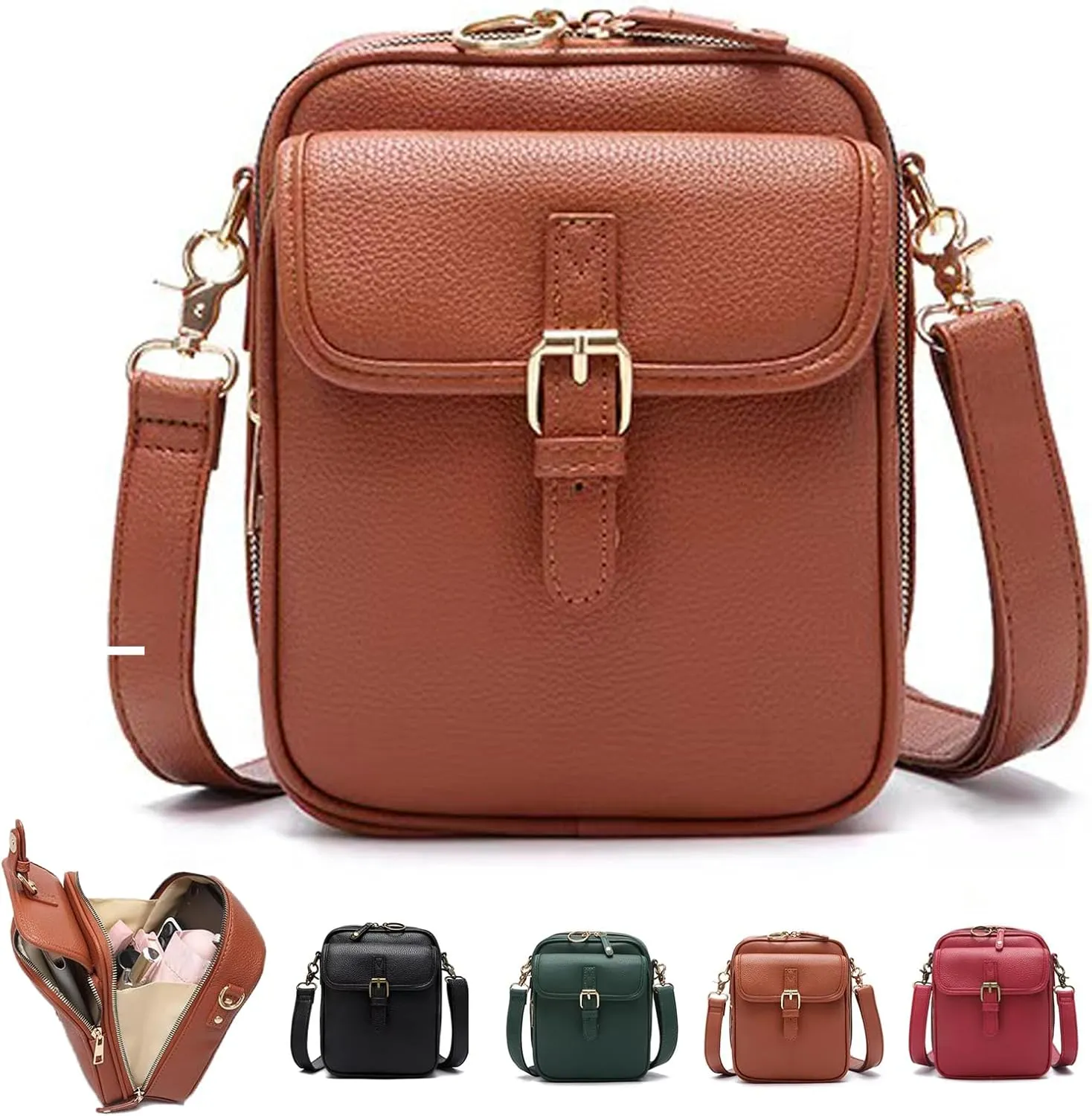 Urvashi Crossbody Leather Bag,2025 Vintage Double Layer Large Capacity Messenger Bag with card slot,for Daily Use (Brown)