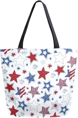 USA Flag Stars Pattern Extra Large Canvas Shoulder Tote Top Storage Handle Bag for Gym Beach Weekender Travel Reusable Grocery Shopping