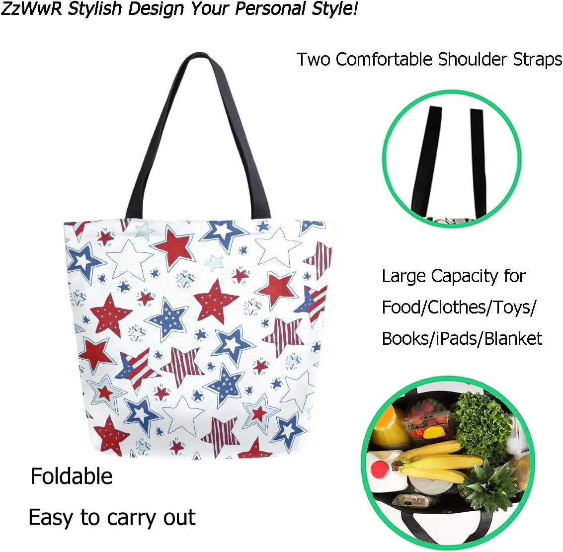 USA Flag Stars Pattern Extra Large Canvas Shoulder Tote Top Storage Handle Bag for Gym Beach Weekender Travel Reusable Grocery Shopping