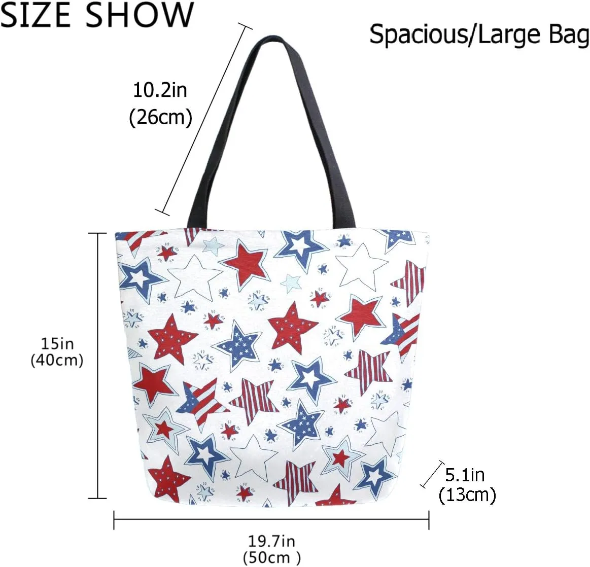 USA Flag Stars Pattern Extra Large Canvas Shoulder Tote Top Storage Handle Bag for Gym Beach Weekender Travel Reusable Grocery Shopping