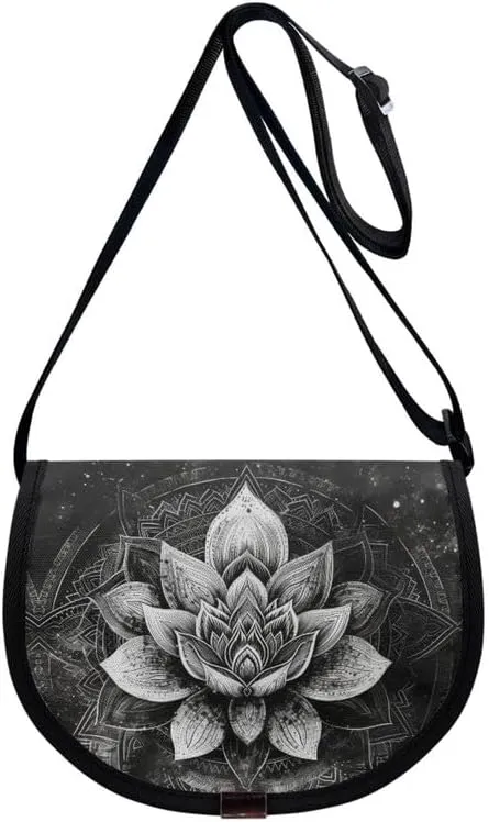 Uskorhein Fractal Butterfly Lotus Graffiti Hippie Dog Nylon Crescent Crossbody Bag for Women Men Mini Messenger Satchel Bag