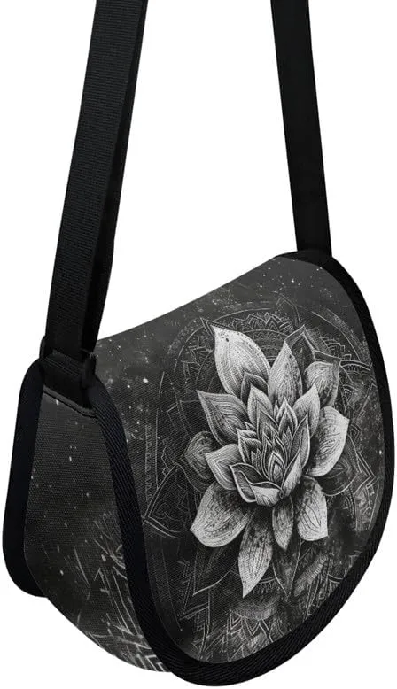 Uskorhein Fractal Butterfly Lotus Graffiti Hippie Dog Nylon Crescent Crossbody Bag for Women Men Mini Messenger Satchel Bag