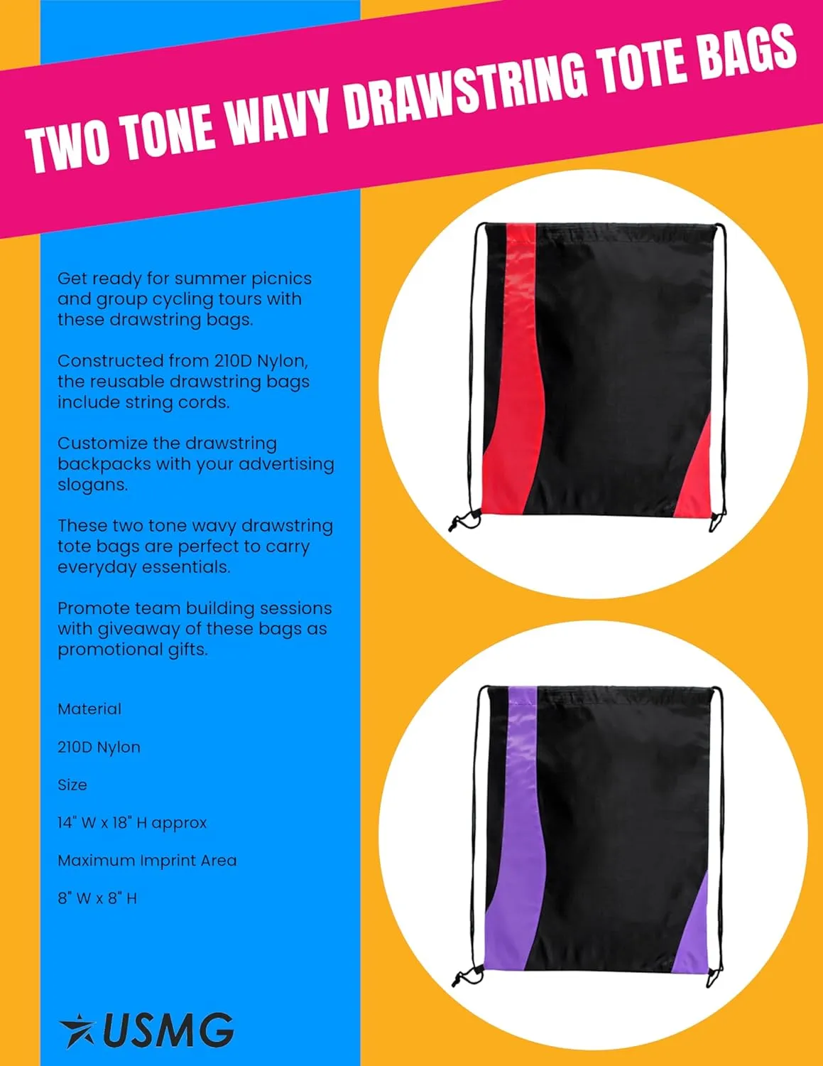 USMG Custom Two-Tone Wavy Drawstring Tote Bags - Single Color Imprint for Promotions, Gifts & Events