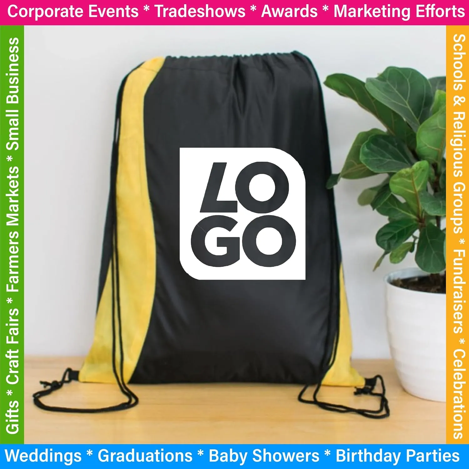 USMG Custom Two-Tone Wavy Drawstring Tote Bags - Single Color Imprint for Promotions, Gifts & Events