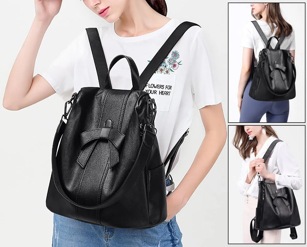 UTO Women ANTI-THEFT Backpack Purse PU Washed Leather Convertible Ladies Rucksack Bowknot Shoulder Bag Pink