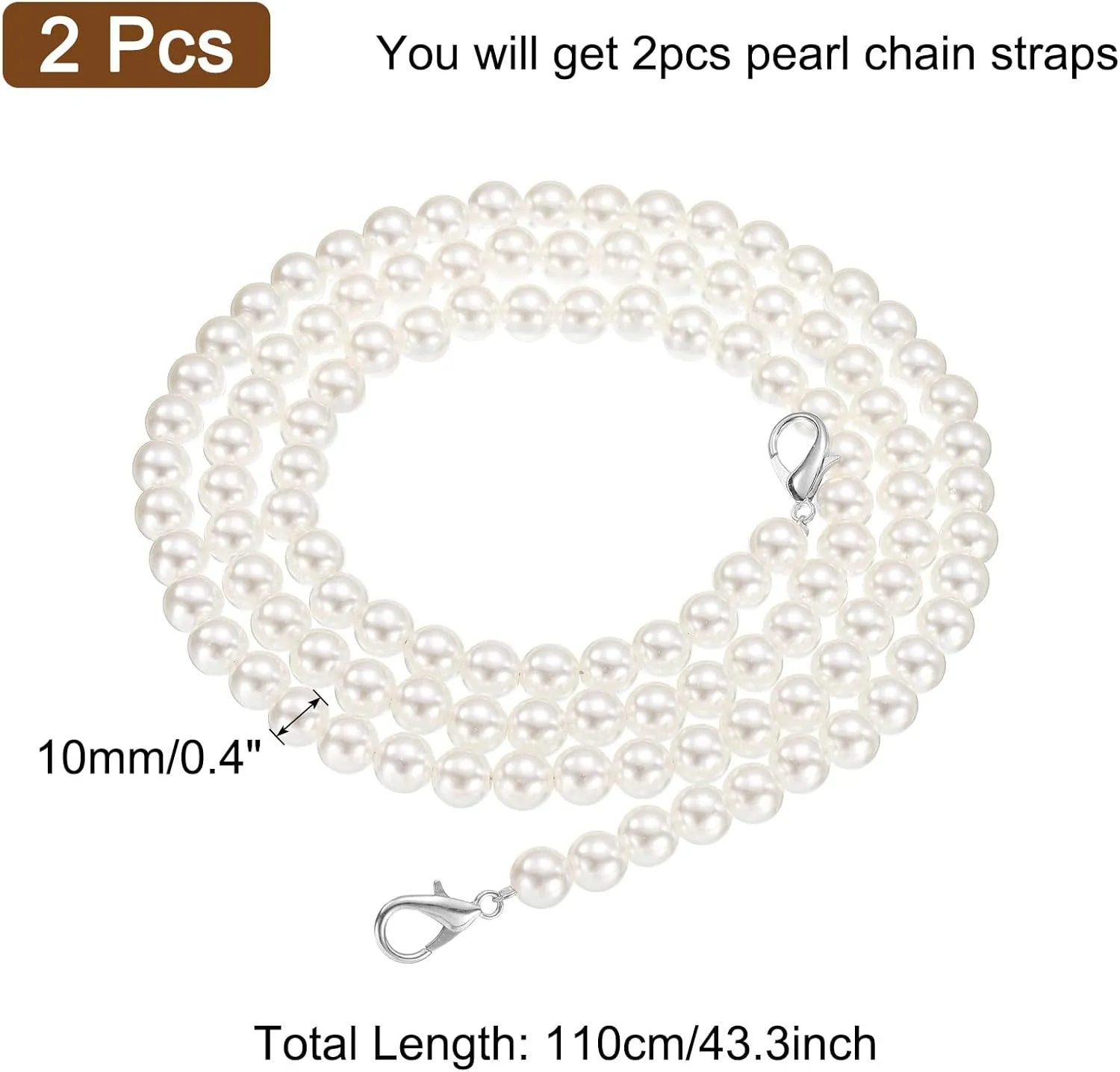 uxcell 2 Pcs Imitation Pearl Purse Strap, 43.3 Inch Handbag Purse Chain with Lobster Clasp Replacement Extender Bead for DIY Decorative Handbags Bags, Silver