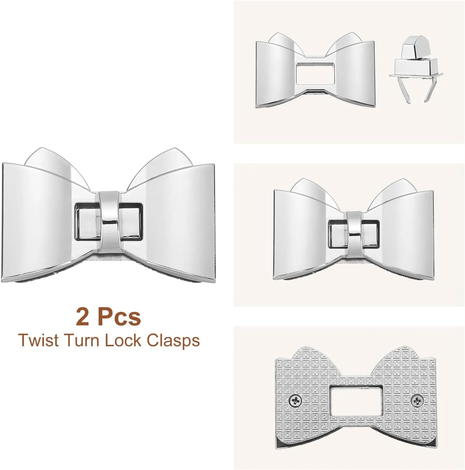uxcell 2Pcs Twist Turn Lock Clasp, 2.36" x 1.5" Closures Lock Fasteners for Purse Aluminum Alloy Bowknot Bag Closure Clip Hardware Accessories for DIY Handbag Craft, Silver
