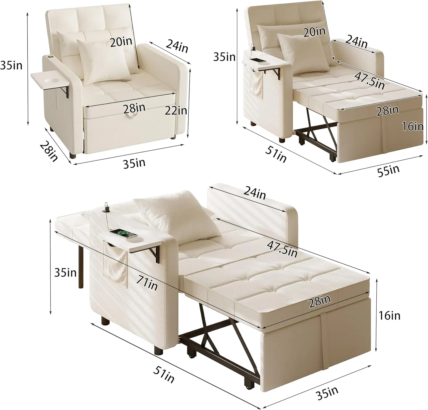Vabches Seersucker Sofa Bed Chair with Wing Table and USB Ports Outlet, 3-in-1 Sofa Chair Bed Couches with Two Pillows, Futon Sleeper Chair with Adjustable Backrest, Easy Assembly, Cream