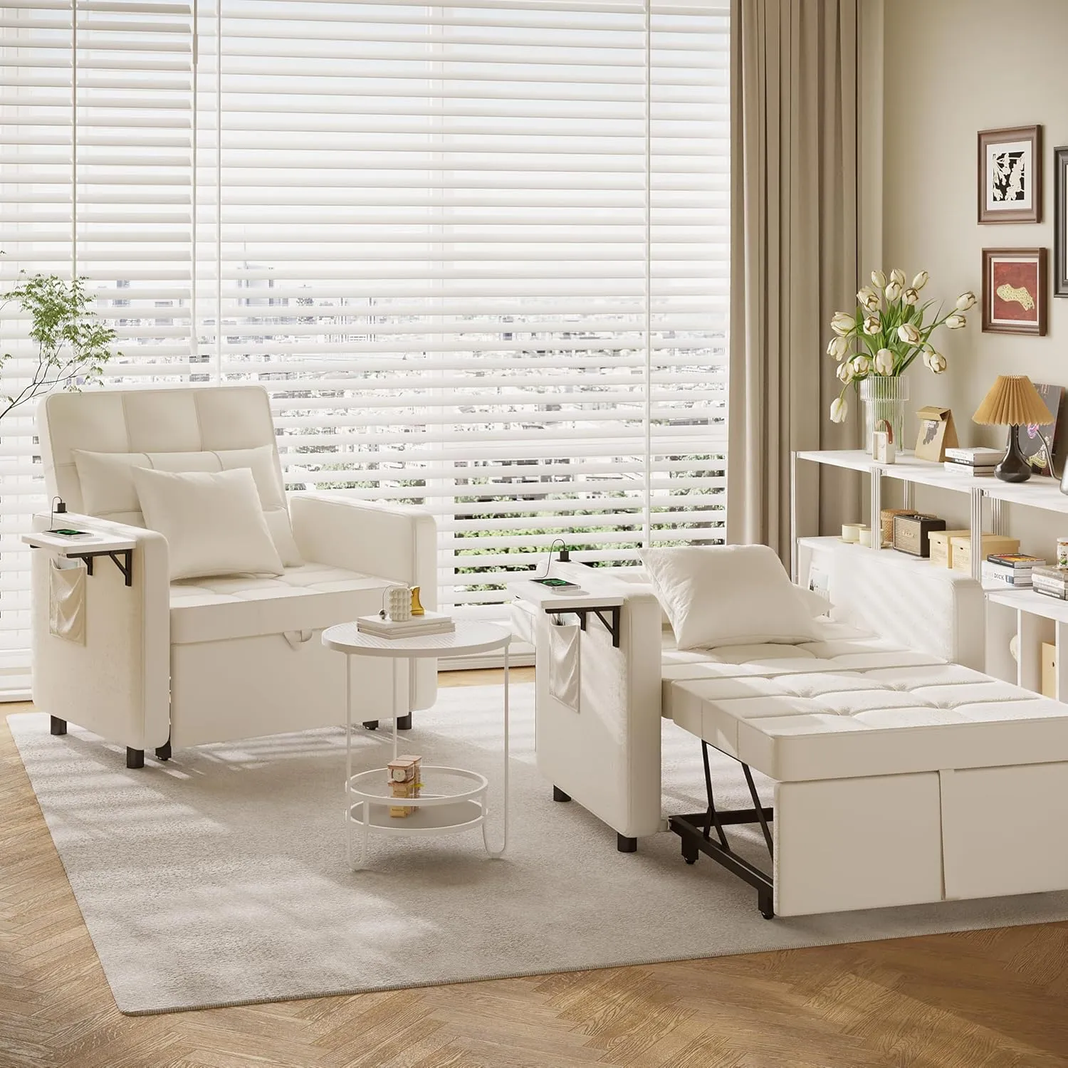 Vabches Seersucker Sofa Bed Chair with Wing Table and USB Ports Outlet, 3-in-1 Sofa Chair Bed Couches with Two Pillows, Futon Sleeper Chair with Adjustable Backrest, Easy Assembly, Cream