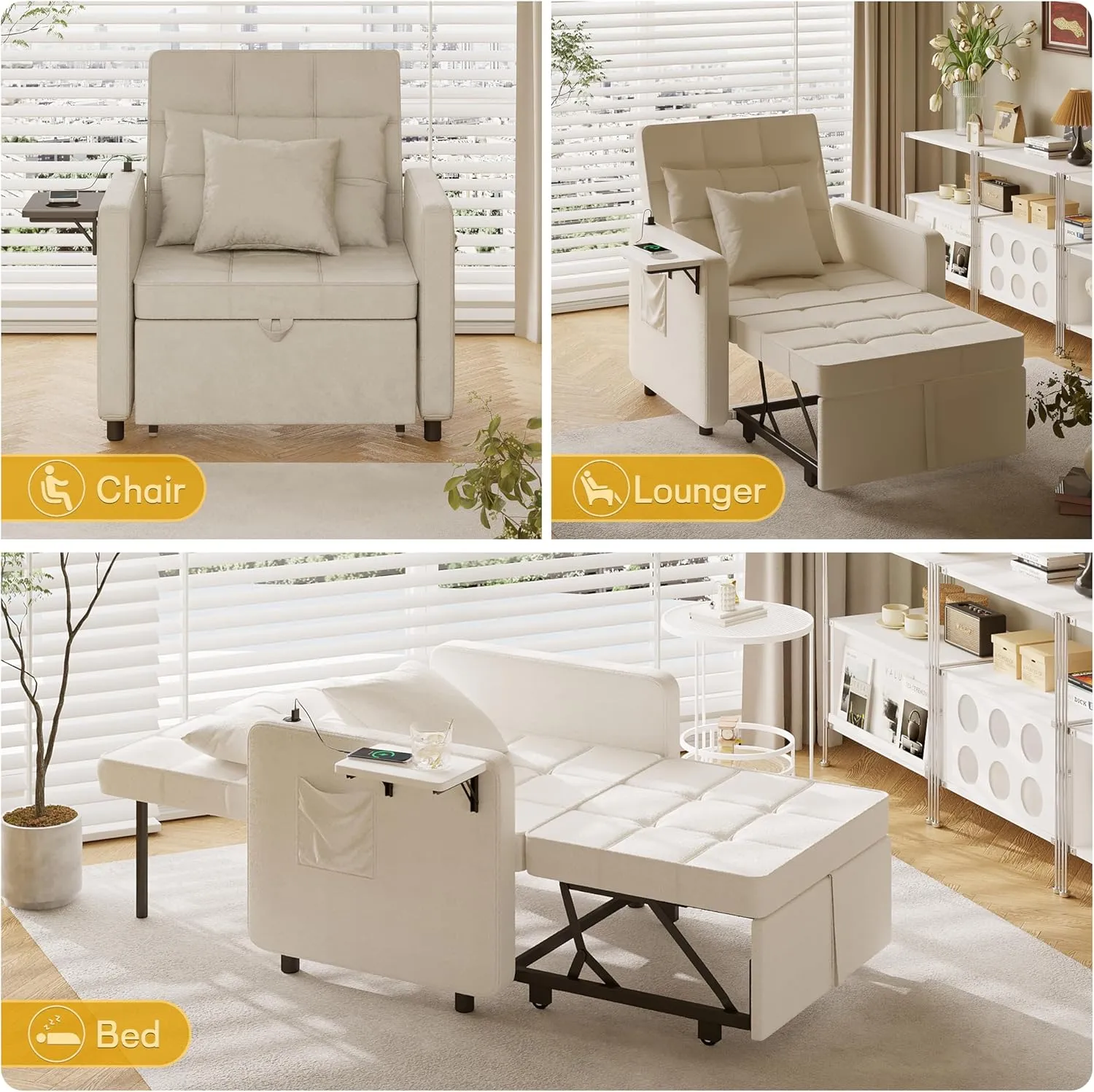 Vabches Seersucker Sofa Bed Chair with Wing Table and USB Ports Outlet, 3-in-1 Sofa Chair Bed Couches with Two Pillows, Futon Sleeper Chair with Adjustable Backrest, Easy Assembly, Cream