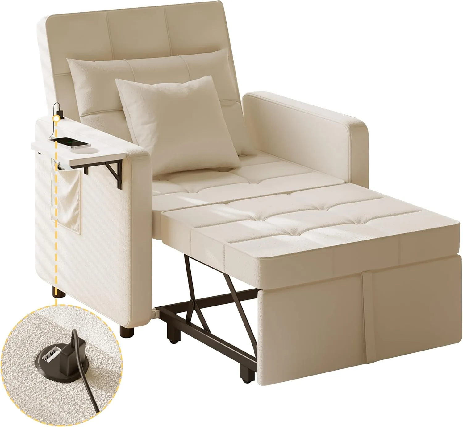 Vabches Seersucker Sofa Bed Chair with Wing Table and USB Ports Outlet, 3-in-1 Sofa Chair Bed Couches with Two Pillows, Futon Sleeper Chair with Adjustable Backrest, Easy Assembly, Cream