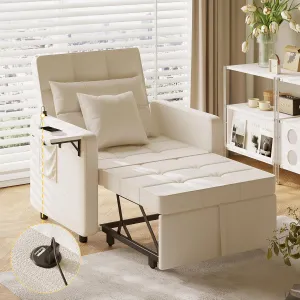 Vabches Seersucker Sofa Bed Chair with Wing Table and USB Ports Outlet, 3-in-1 Sofa Chair Bed Couches with Two Pillows, Futon Sleeper Chair with Adjustable Backrest, Easy Assembly, Cream