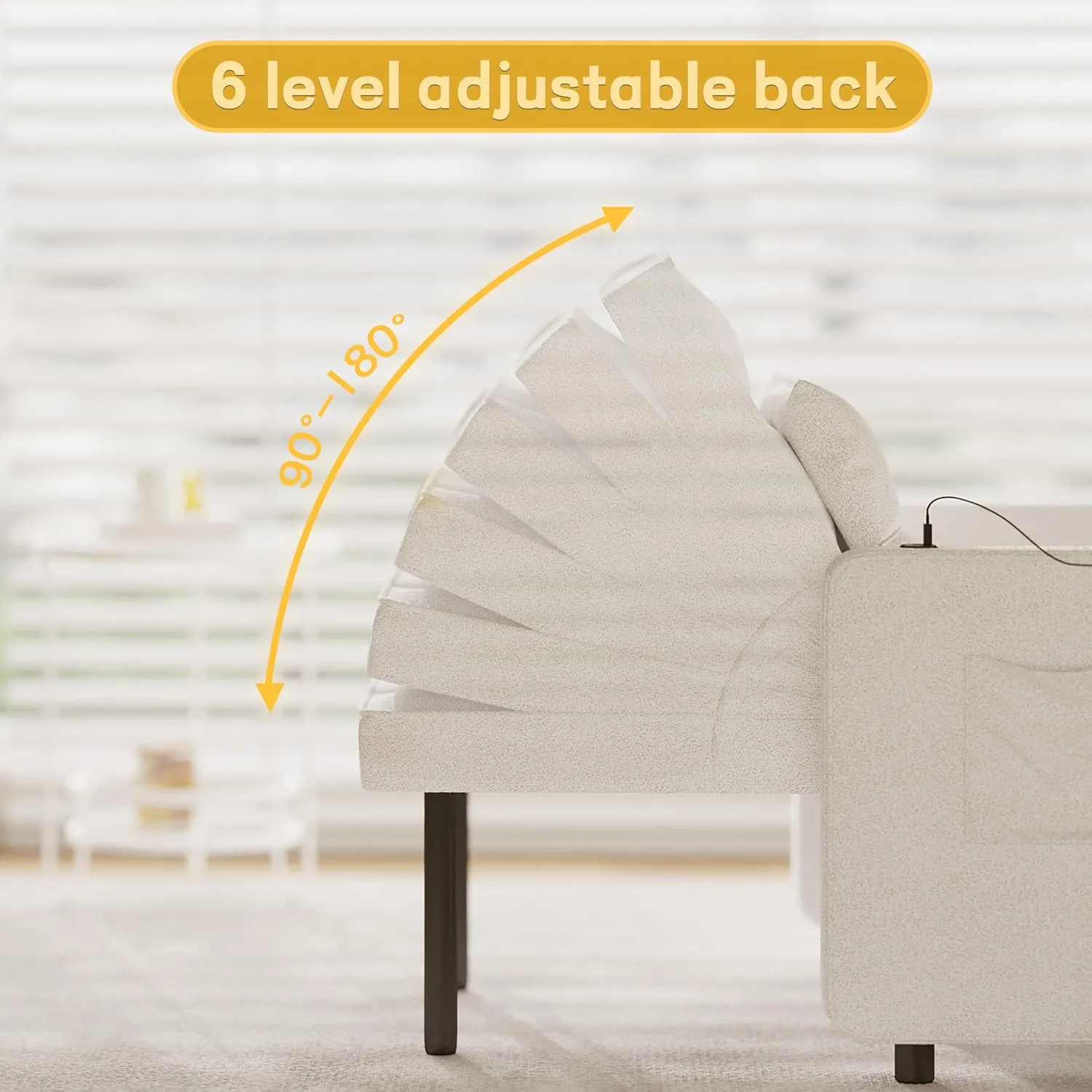 Vabches Seersucker Sofa Bed Chair with Wing Table and USB Ports Outlet, 3-in-1 Sofa Chair Bed Couches with Two Pillows, Futon Sleeper Chair with Adjustable Backrest, Easy Assembly, Cream