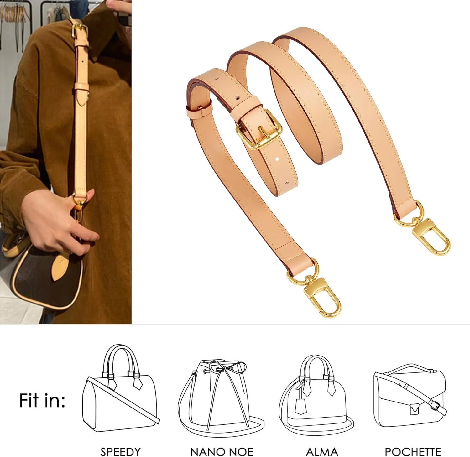 Vachetta Leather Adjustable Crossbody Strap for Leather Shoulder Strap Belt Replacement Suitable for L V Handbags