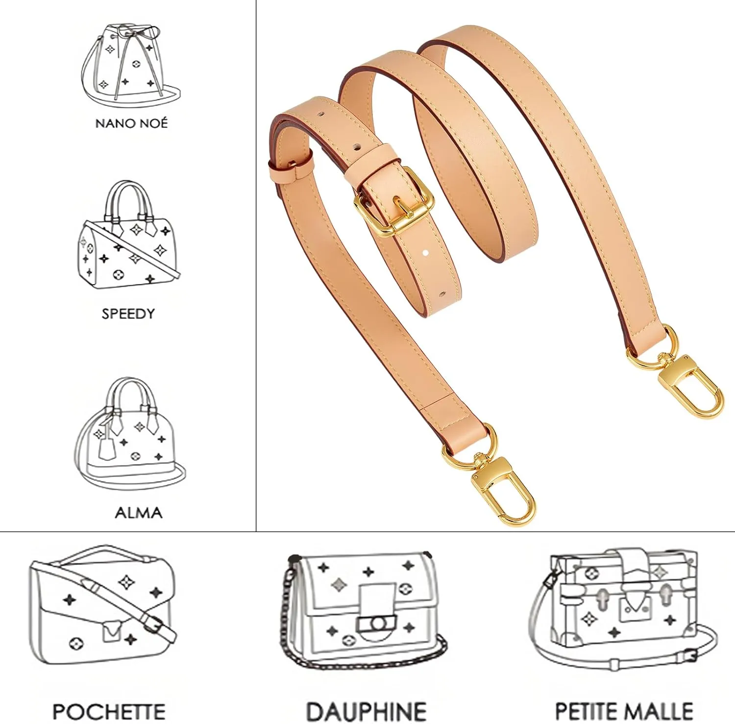 Vachetta Leather Adjustable Crossbody Strap for Leather Shoulder Strap Belt Replacement Suitable for L V Handbags